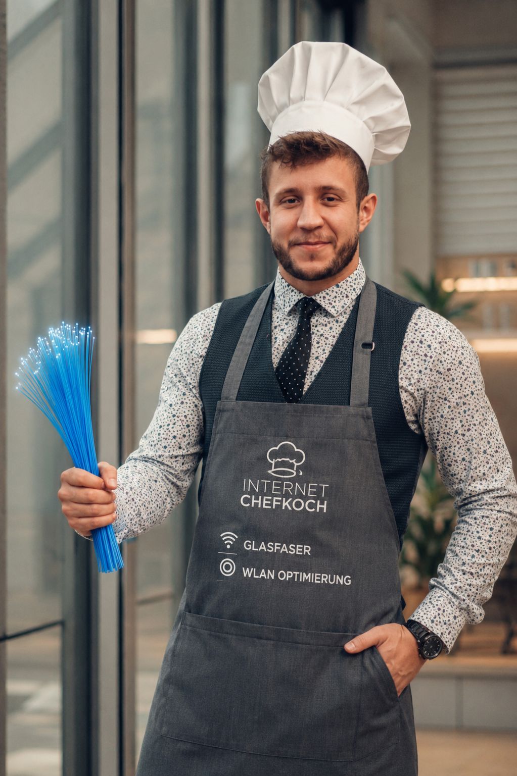 Marcel, der Internet-Chefkoch, hält blaue Glasfaser-Kabel wie Nudeln in der Hand